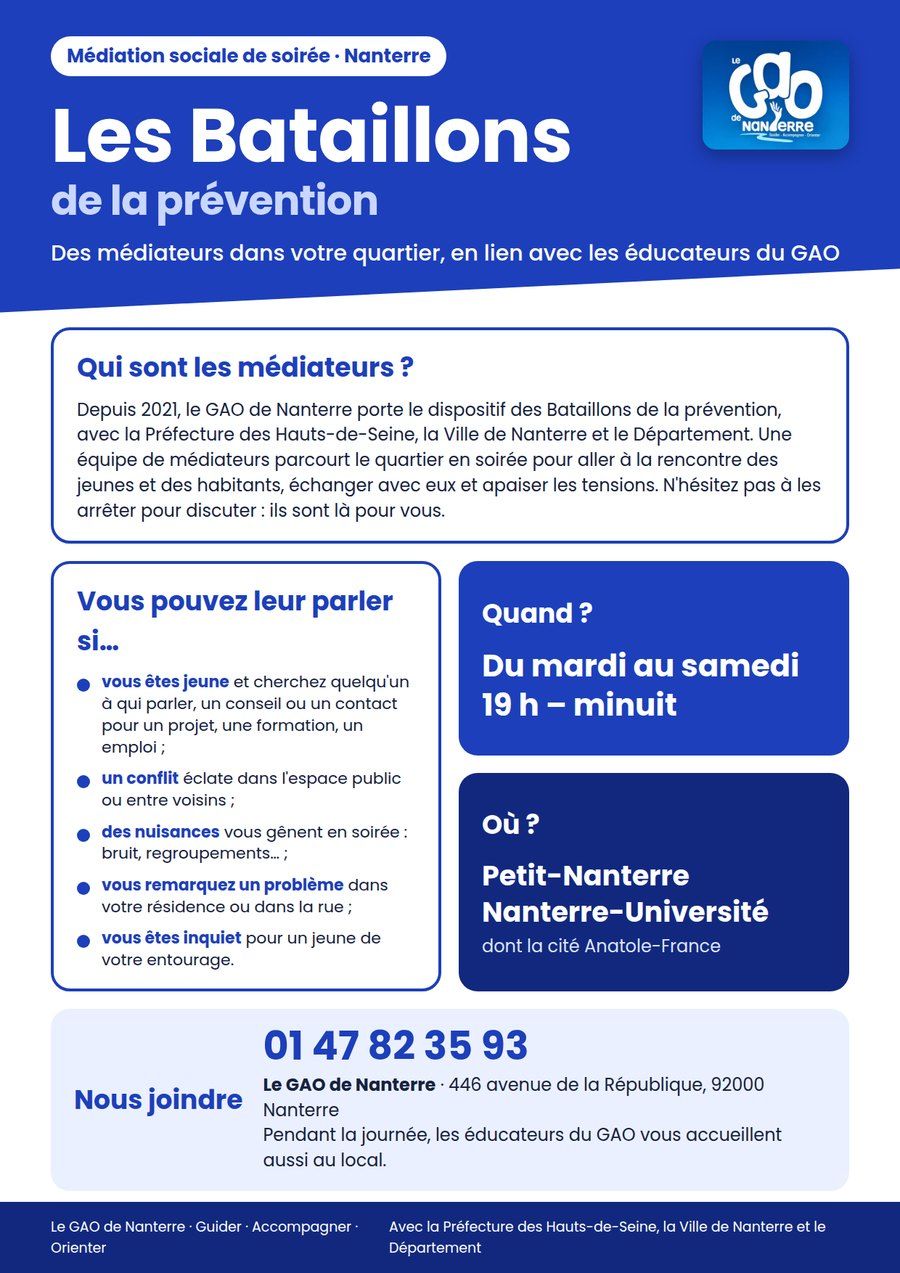 Flyer des Bataillons de la prévention : médiateurs du mardi au samedi de 19 h à minuit, au Petit-Nanterre et à Nanterre-Université. Contact : Le GAO de Nanterre, 01 47 82 35 93, 446 avenue de la République.