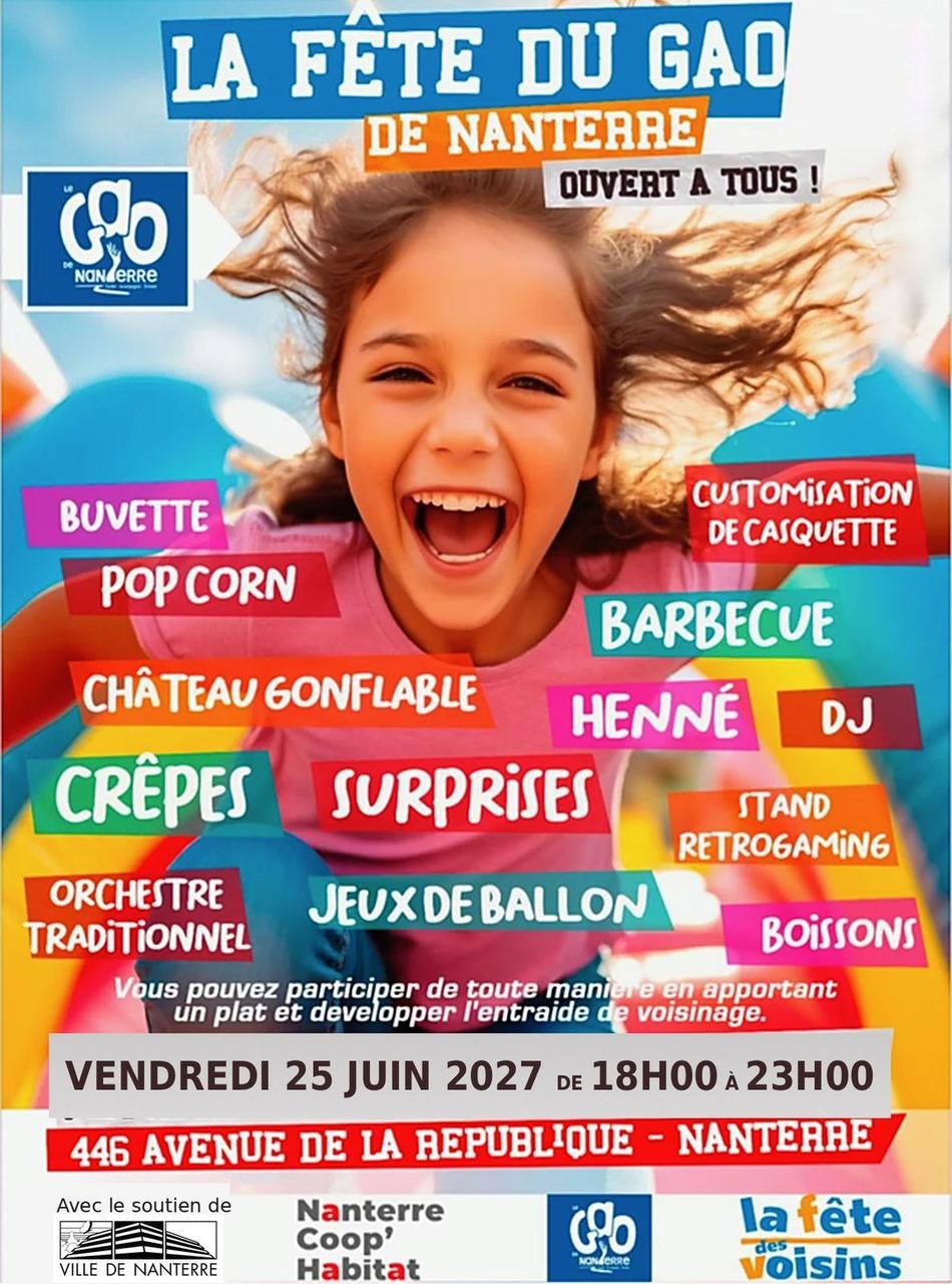 Affiche de la fête du GAO de Nanterre, vendredi 25 juin 2027 de 18 h à 23 h, 446 avenue de la République : buvette, pop-corn, château gonflable, crêpes, barbecue, henné, DJ, jeux de ballon, stand rétrogaming, orchestre traditionnel.