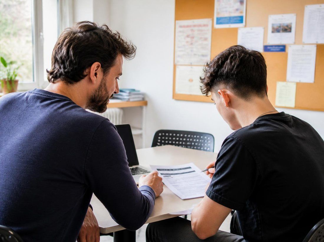 Illustration : un éducateur aide un jeune à préparer son CV, assis côte à côte à une table.