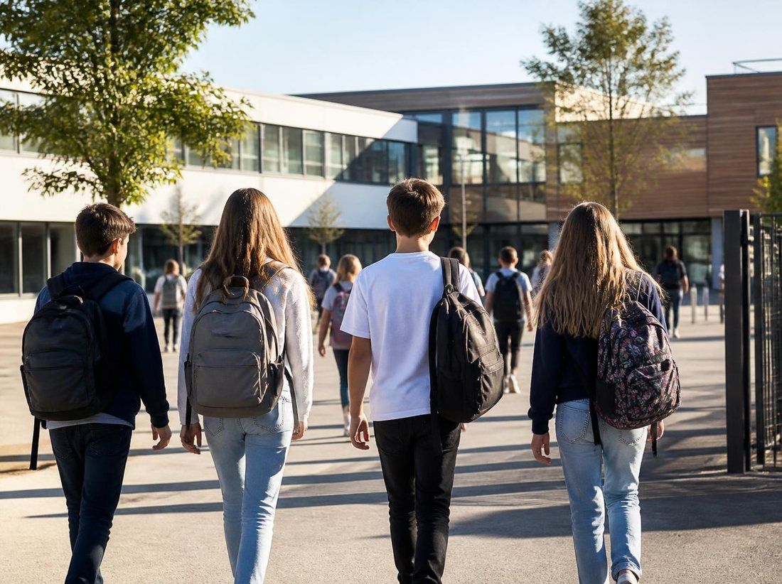 Illustration : des collégiens, sac au dos, entrent dans un collège un matin ensoleillé.