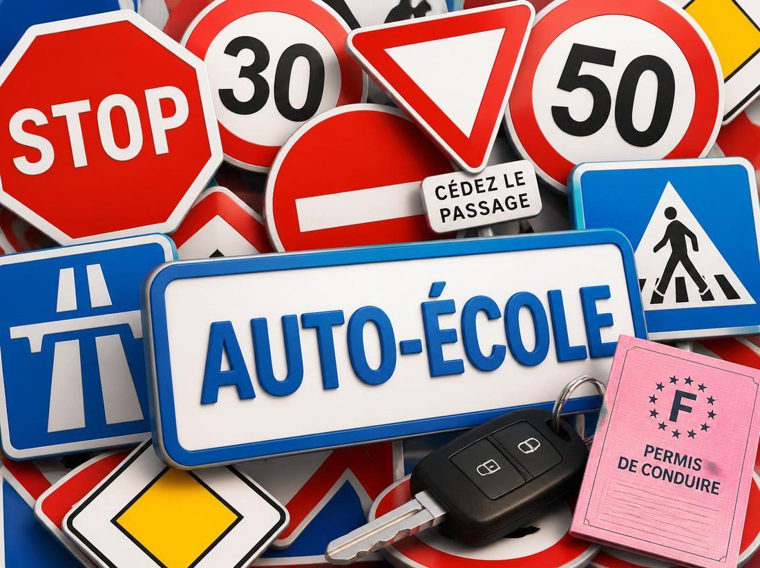 Illustration : panneaux de signalisation, panneau auto-école, clé de voiture et permis de conduire.