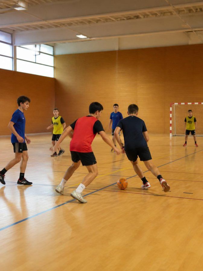 Illustration : des jeunes jouent au foot en salle dans un gymnase.