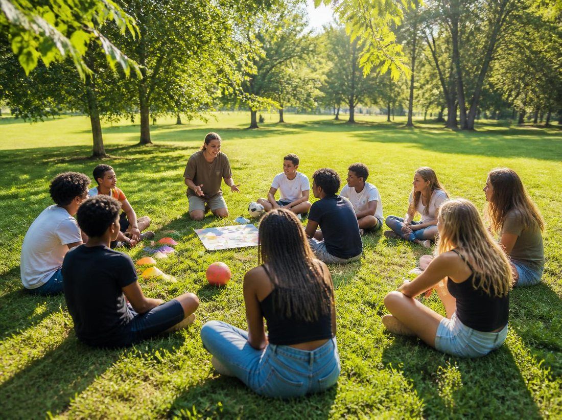 Illustration : un groupe de jeunes en formation BAFA, assis en cercle dans un parc autour d'une formatrice.